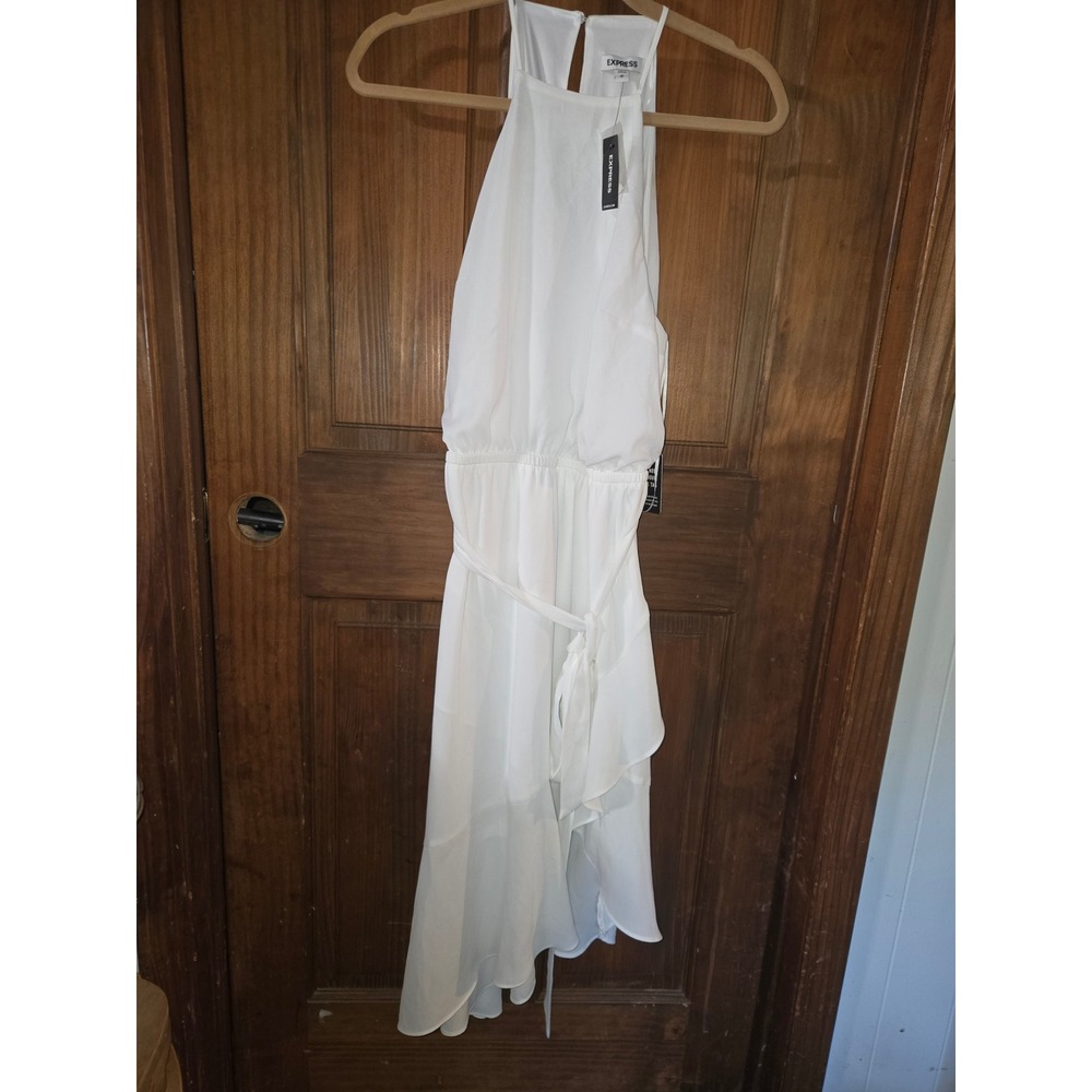 Express White Halter High-Low Ruffle Midi Dress NWT Size M 07823837